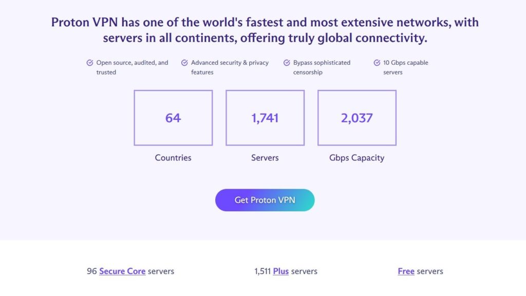 ProtonVPN menu laat zien hoeveel servers in hoeveel landen zijn en met hoeveel snelheidscapaciteit