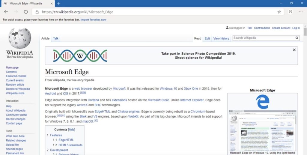 Wikipedia in de microsoft edge scherm