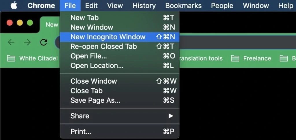 Chrome menu voor incognito venster