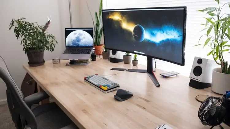 Curved ultrawide monitor op een bureau met speakertjes, plantjes, een toetsenbord, een muis en een laptop
