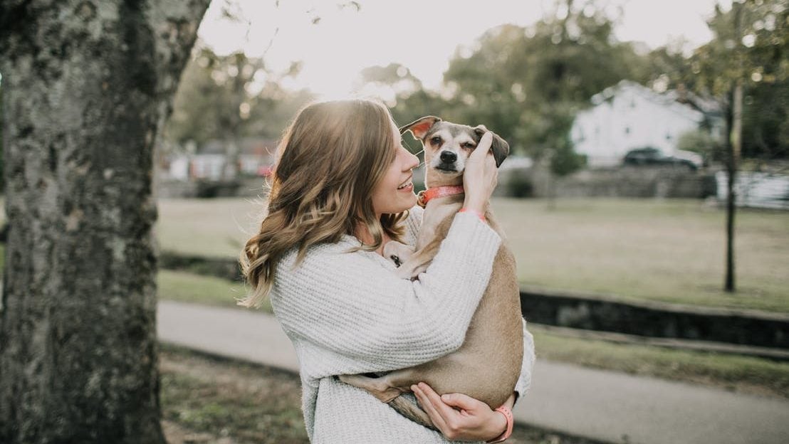 Vrouw houdt een hondje in haar armen