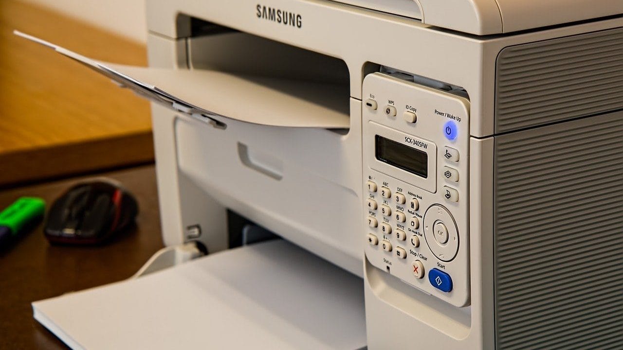 Witte printer met bedieningspaneel voorop