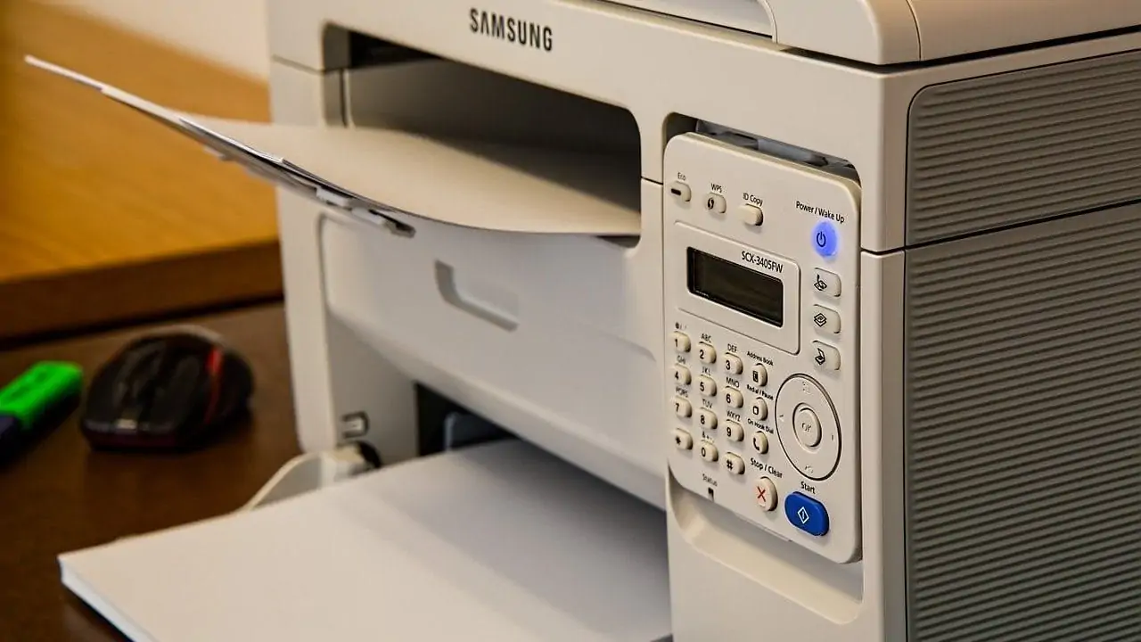 Witte printer met bedieningspaneel voorop