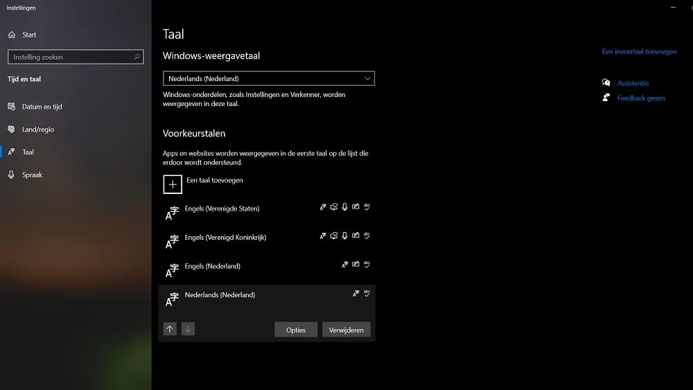 Taalvoorkeuren scherm met de toegevoegde talen in Windows.