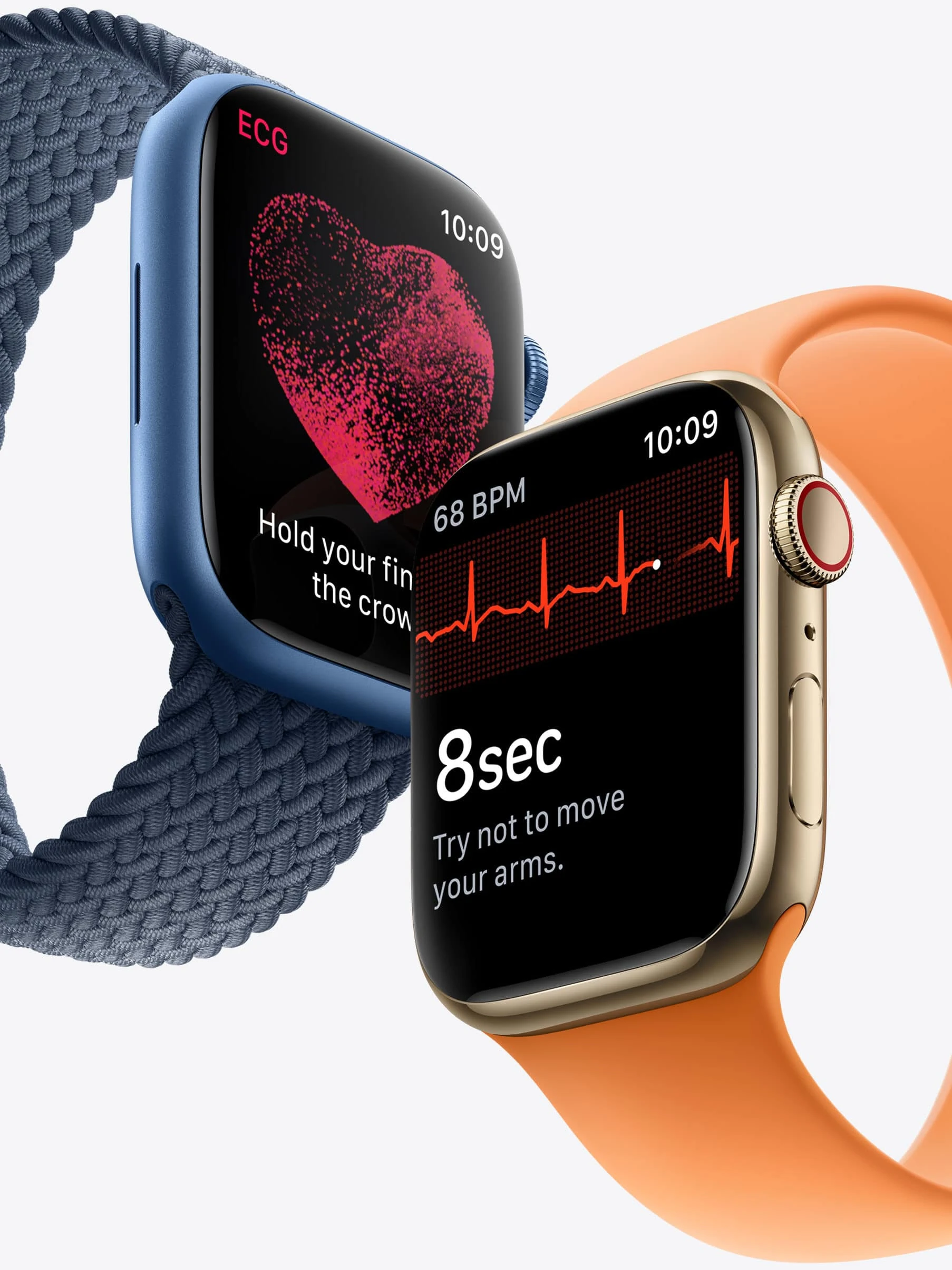 Twee Apple Watch Series 7 Smartwatches met gezondheidsgegevens op het scherm