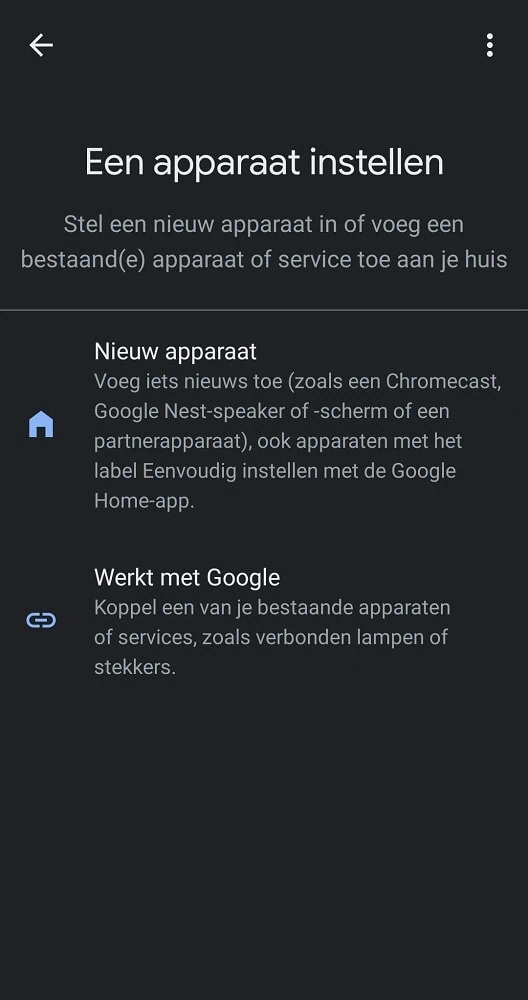 Google Home app met het scherm om een apparaat in te stellen