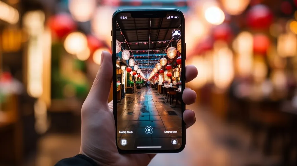 iemand neemt een foto met zijn smartphone van een overdekte markt