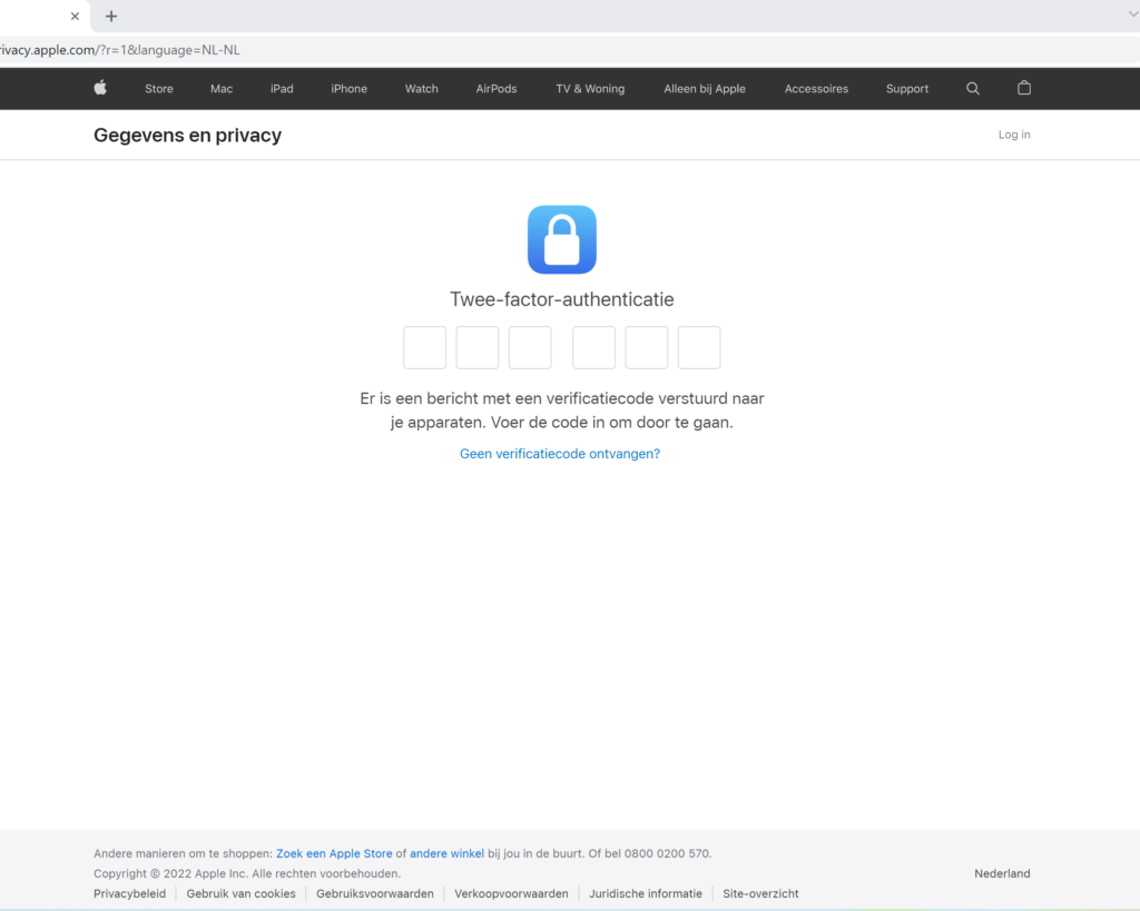 Twee-factor-authenticatie op de privacy pagina van Apple