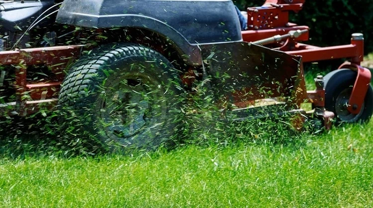 Een rode grasmaaier met een mulchfunctie maait het gras en de grassnippers vliegen in de lucht