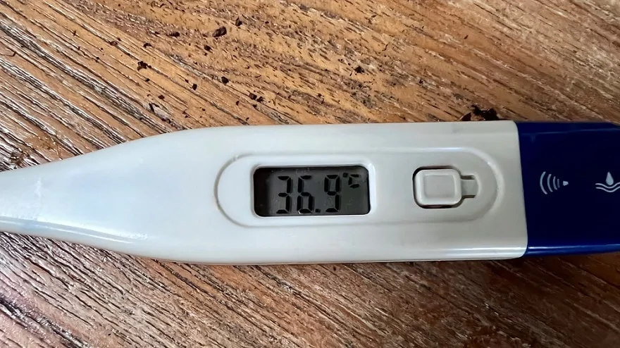 Close-up van het display van een thermometer met een gemeten temperatuur van 36,9 graden Celsius