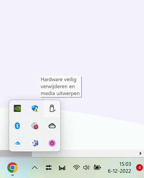 Het verborgen pictogrammen-menu in Windows uitgeklapt