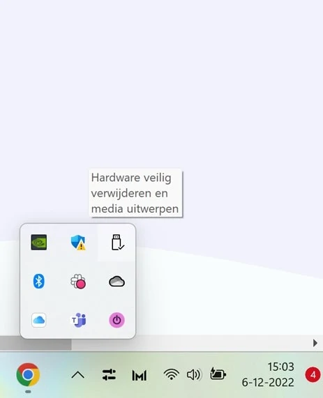 Het verborgen pictogrammen-menu in Windows uitgeklapt