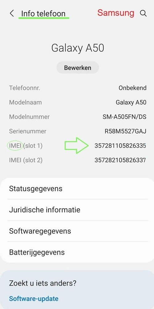 'Info telefoon'-instellingen van een Samsung Galaxy A50