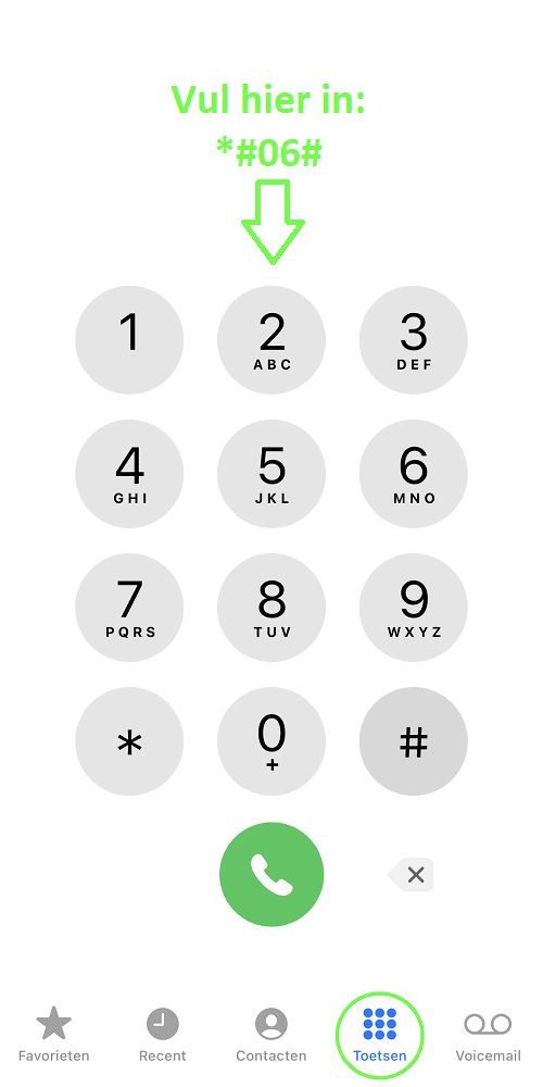 Telefoonapp van een iPhone waarbij 'Toetsen' geopend is