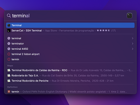 Zoekresultaten voor 'terminal' op een Mac-pc