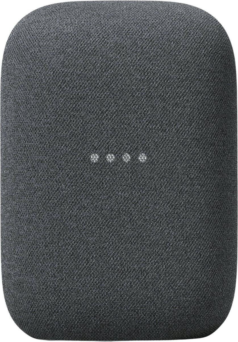 Google Nest Audio-speaker met vier puntjes zichtbaar op de grijze behuizing