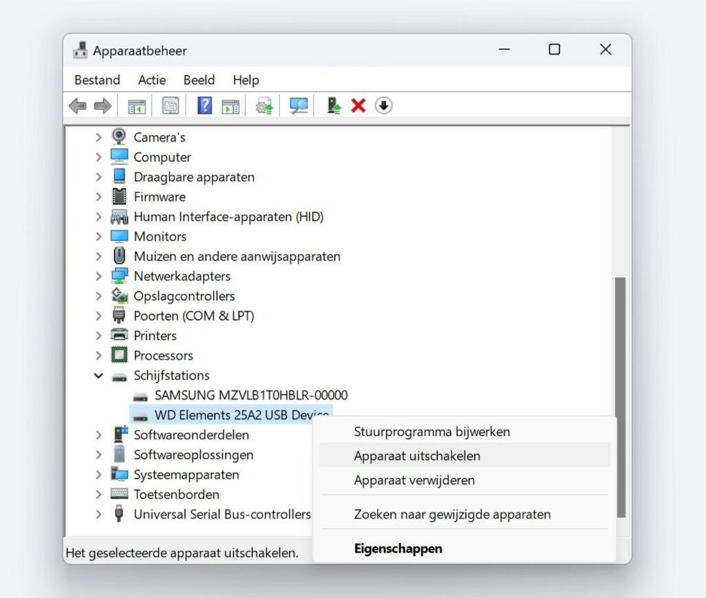 Screenshot van het apparaatbeheer van een Windows-pc waarbij de optie om een harde schijf te verwijderen te zien is