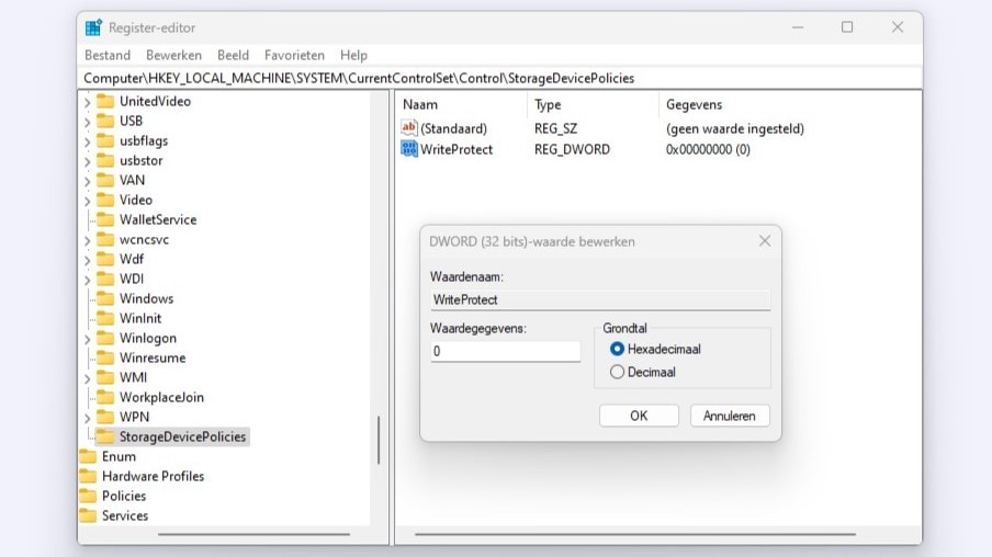 Screenshot van het wijzigen van de waarde in de map 'StorageDevicePolicies' in het Windows-register