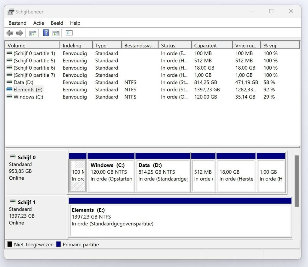 Screenshot van schijfbeheer met de aanwezige schijven op een Windows-pc