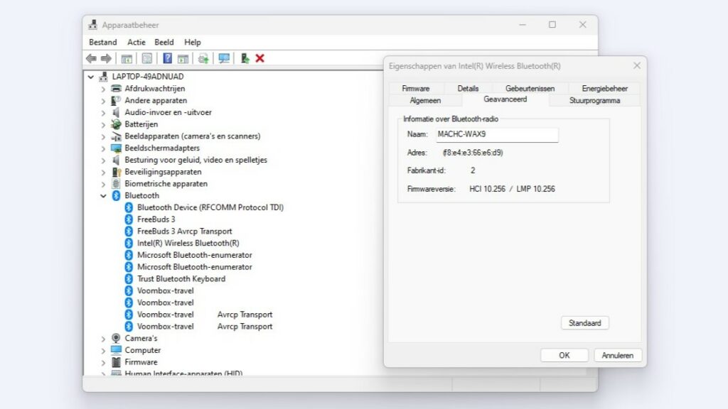 Screenshot van de bluetooth-versie die te zien is in het apparaatbeheer van een Windows-pc