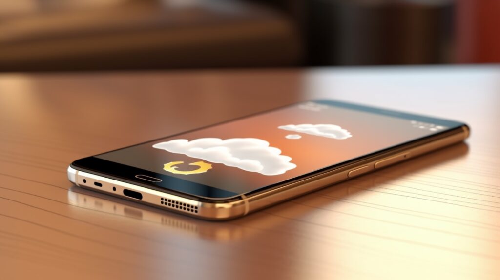 Close-up van een Android-smartphone op een houten tafel met op het scherm een afbeelding van twee wolkjes