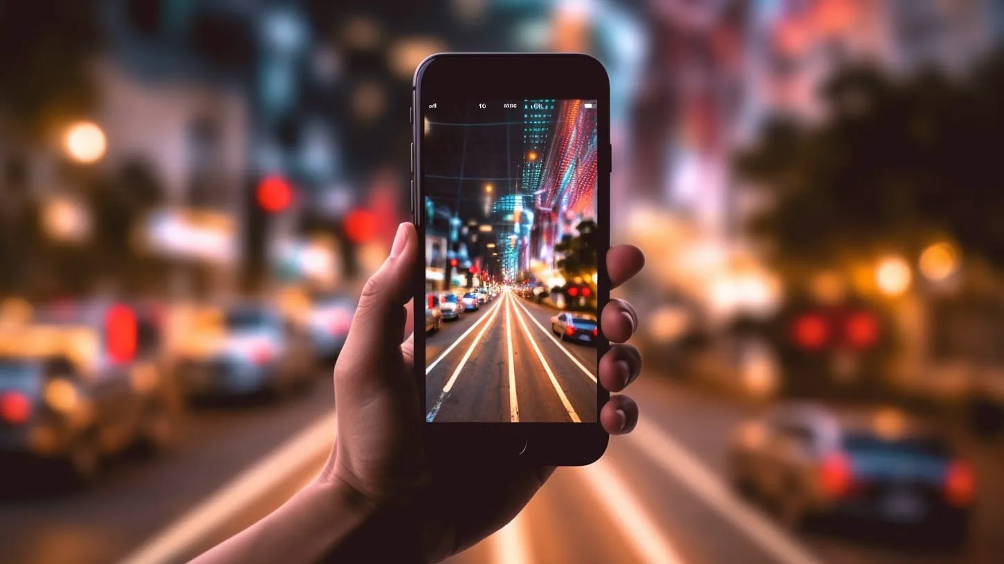 Close-up van een hand van iemand die een wazige foto maakt van een straat met een iPhone