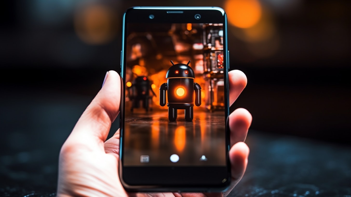 Close-up van een smartphone in iemands hand met op het scherm een opgepimpte en moderne versie van het Android-robotje