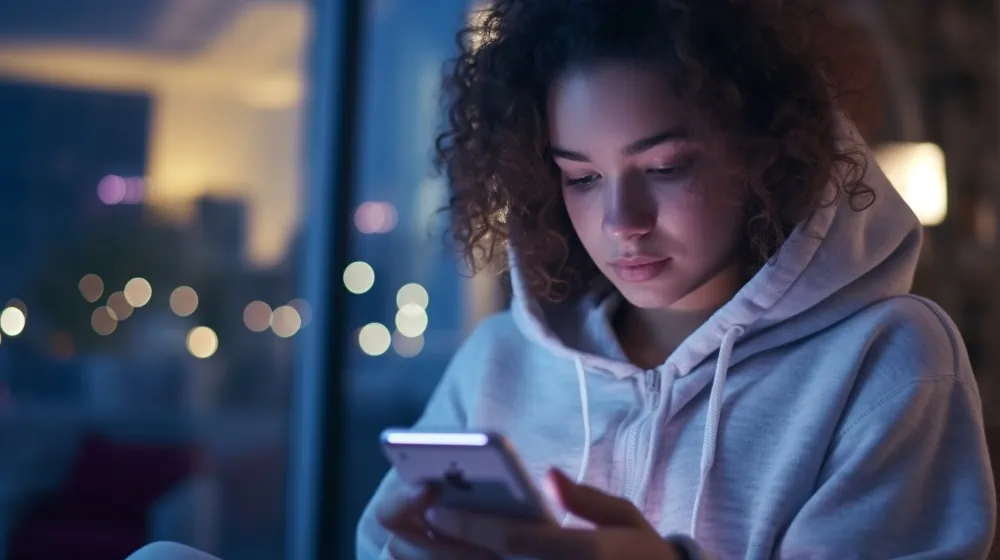 een jonge vrouw met krullen in een witte hoodie kijkt aandacht naar haar iphone