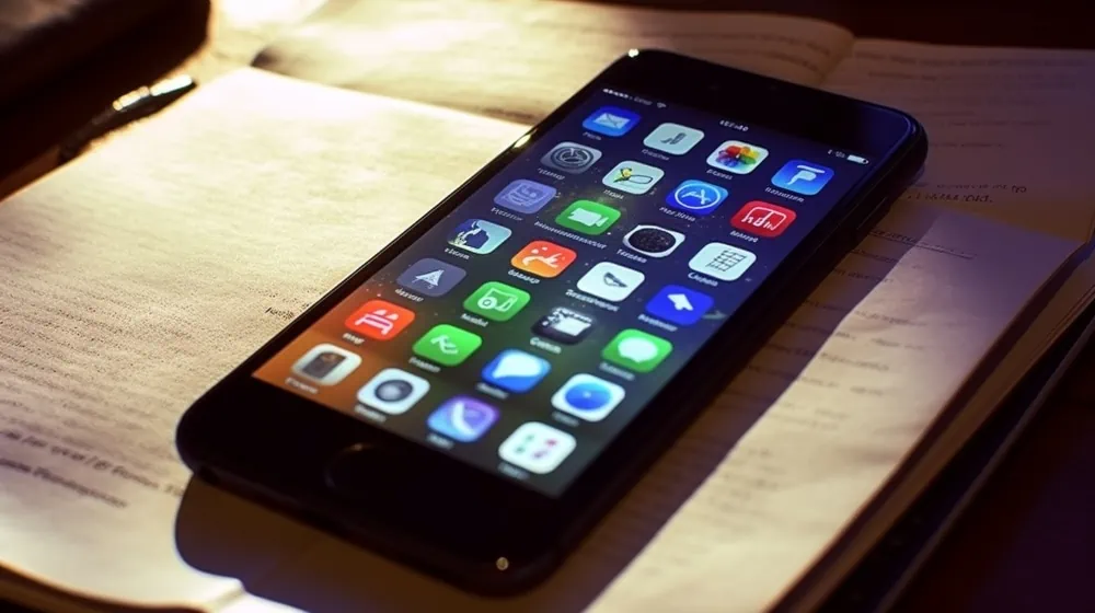 smartphone met app icoontjes op een notitieboek