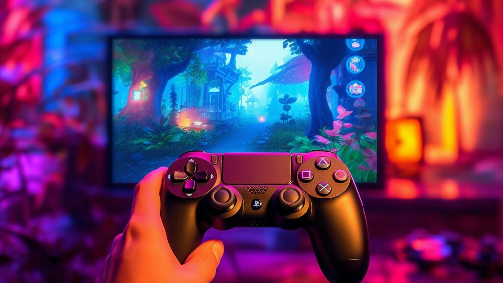 Close-up van een hand die een gamecontroller vasthoudt met op de achtergrond een game op het scherm