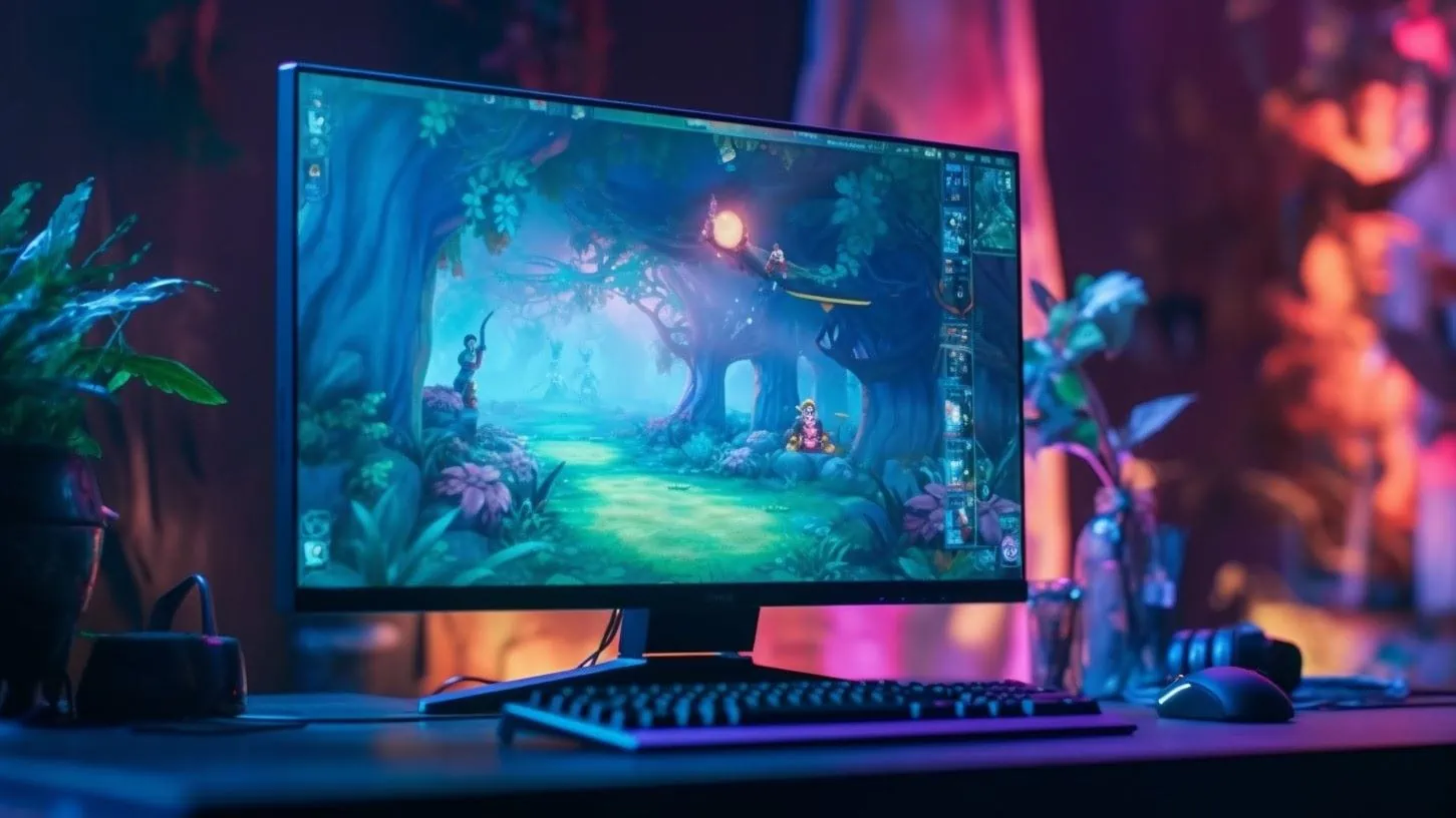 Close-up van een tafelblad met daarop een toetsenbord, muis en gaming-monitor waarop een game open staat