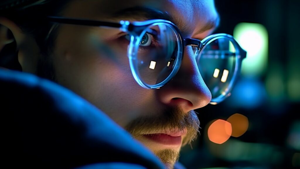 Close-up van het gezicht van een man met een bril waarin lichtreflectie te zien is