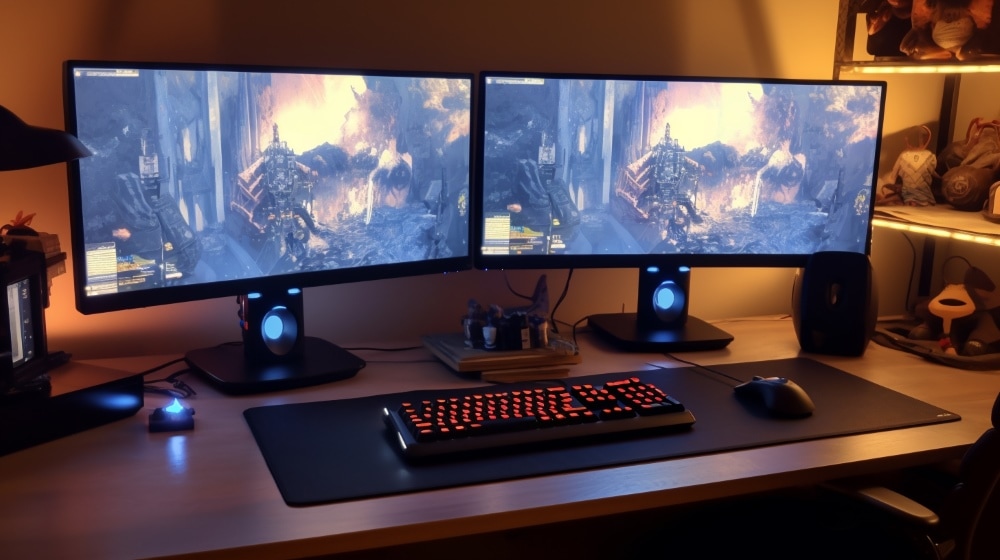 dual monitor set up in een ietwat donker kantoor