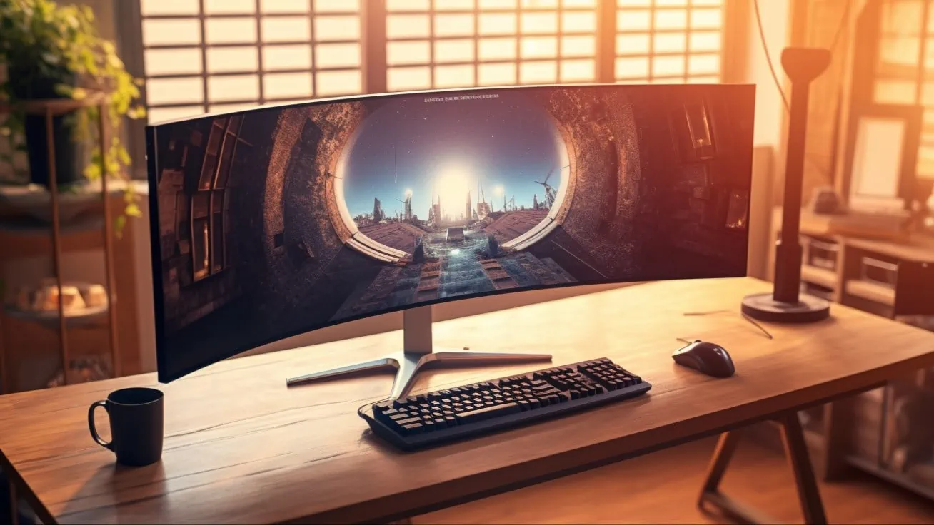 Een bureau met daarop een gebogen monitor, toetsenbord, muis en een koffiekop