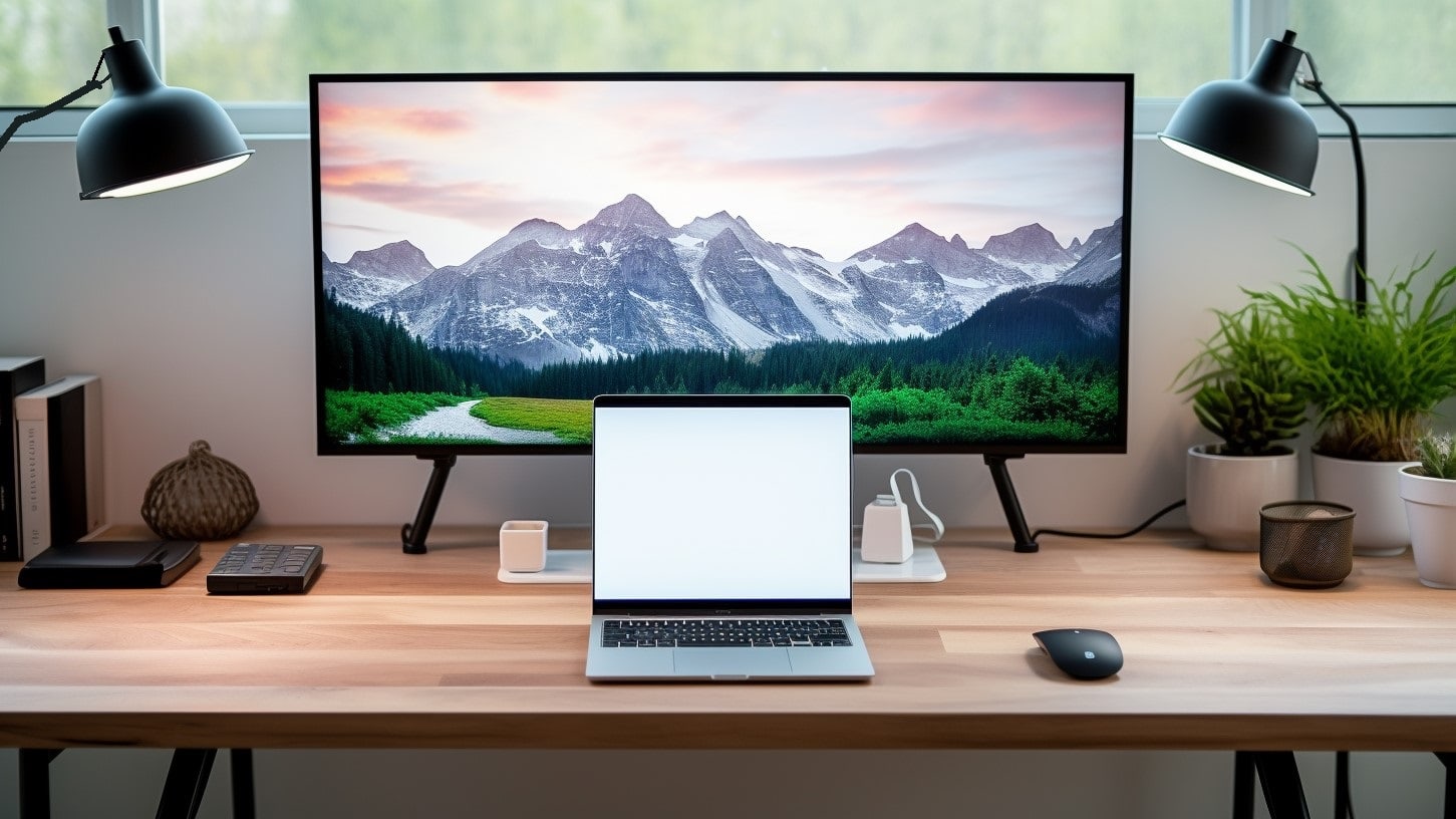 Een bureau met daarop een laptop met daarachter een extra monitor