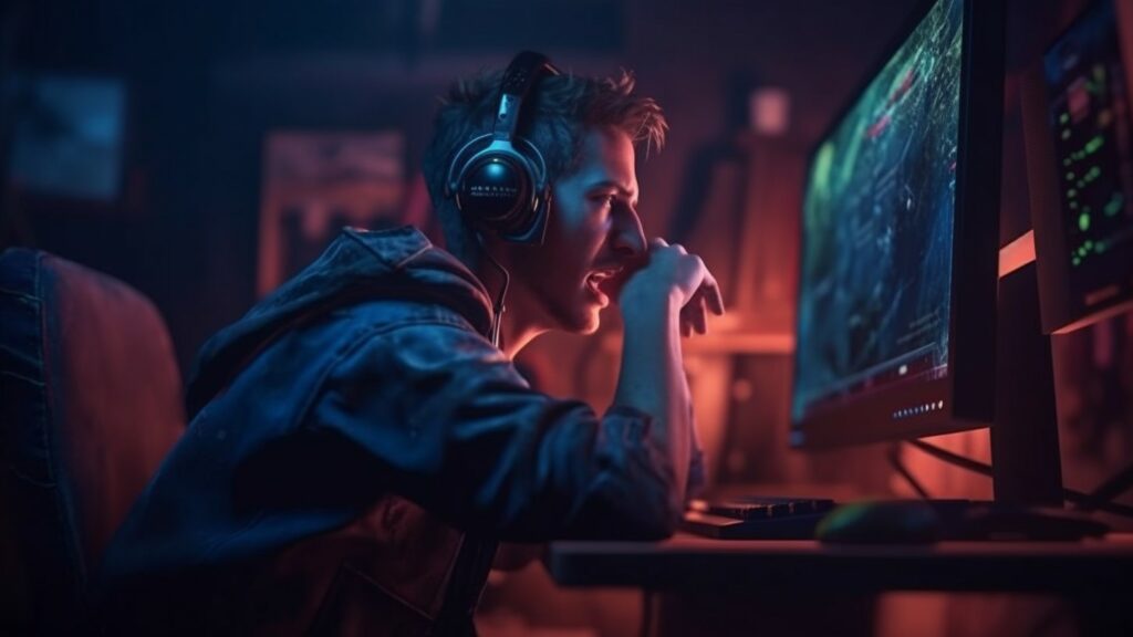 Gamer met koptelefoon kijkt gefrustreerd naar zijn computermonitor