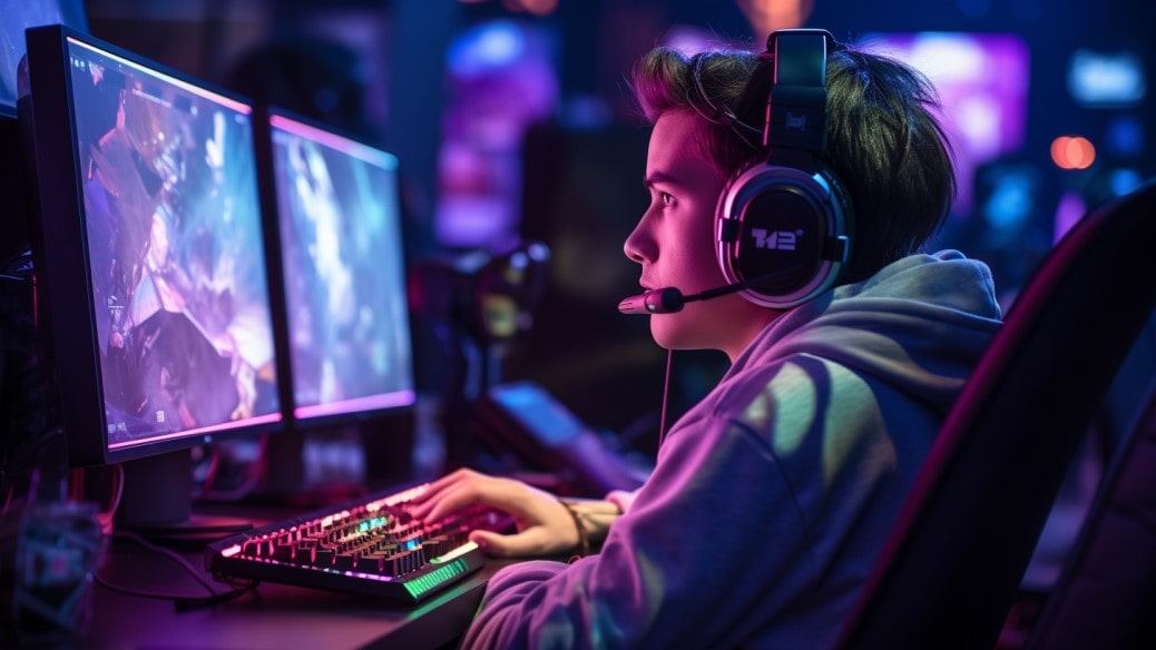 Jongen met koptelefoon zit achter een bureau en kijkt naar een gaming monitor in een RGB verlichte ruimte