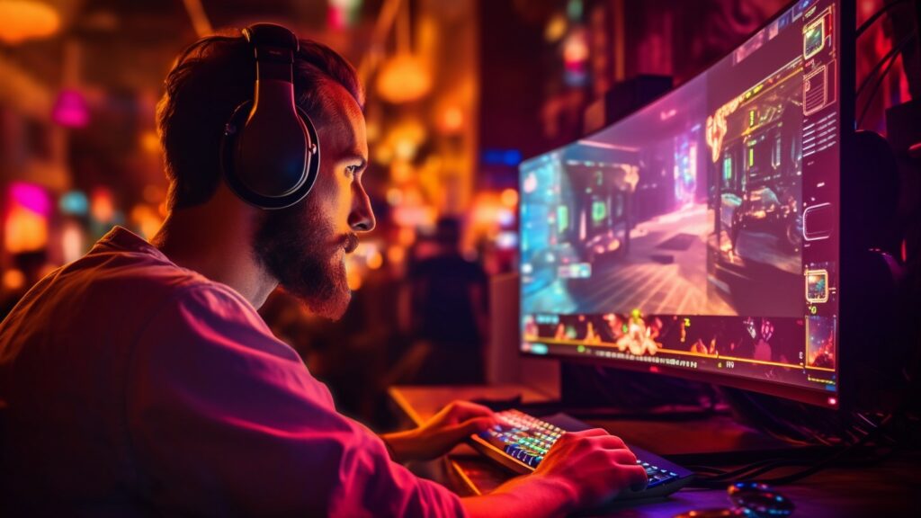 Man speelt een game op een geboden monitor en kijkt gefocust naar het scherm