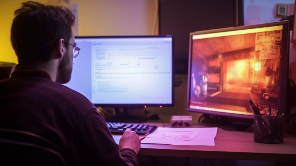 Man zit achter een bureau met daarop wat papieren en twee monitoren waarbij op een van de monitoren een menu geopend is