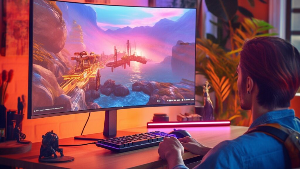 Man is sitting behind a tidy desk with a monitor on which a game can be seen
