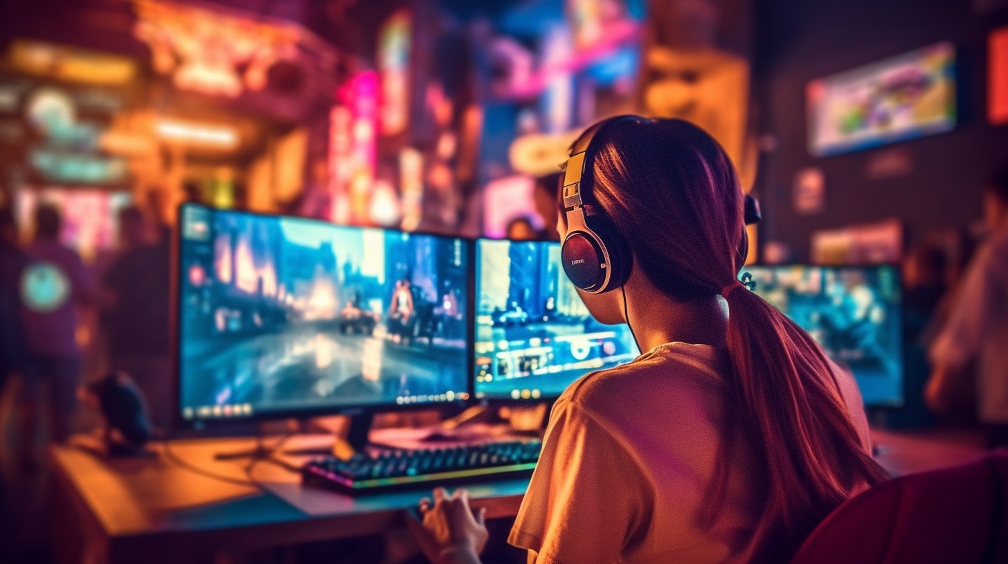meisje met headset op gamet op twee monitoren in een lan party