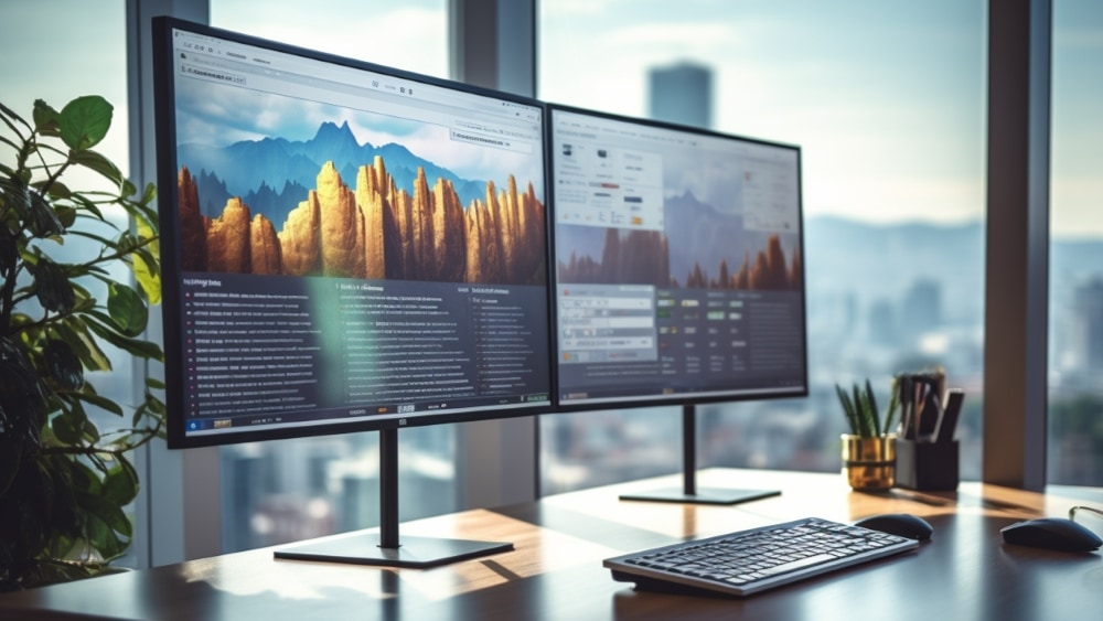 twee monitoren naast elkaar op een net bureau