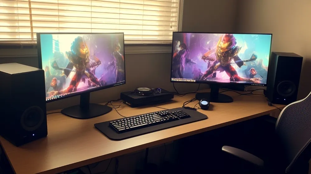 Twee monitoren op bureau met grote speakers ernaast en een console in het midden