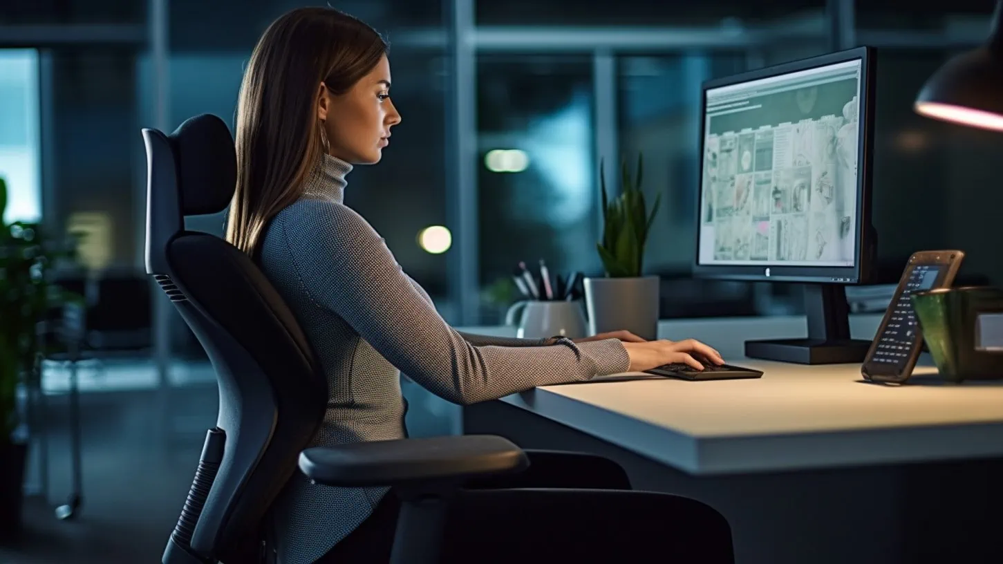 Vrouw zit in een ergonomische correcte houding achter een bureau te werken op een pc met een monitor