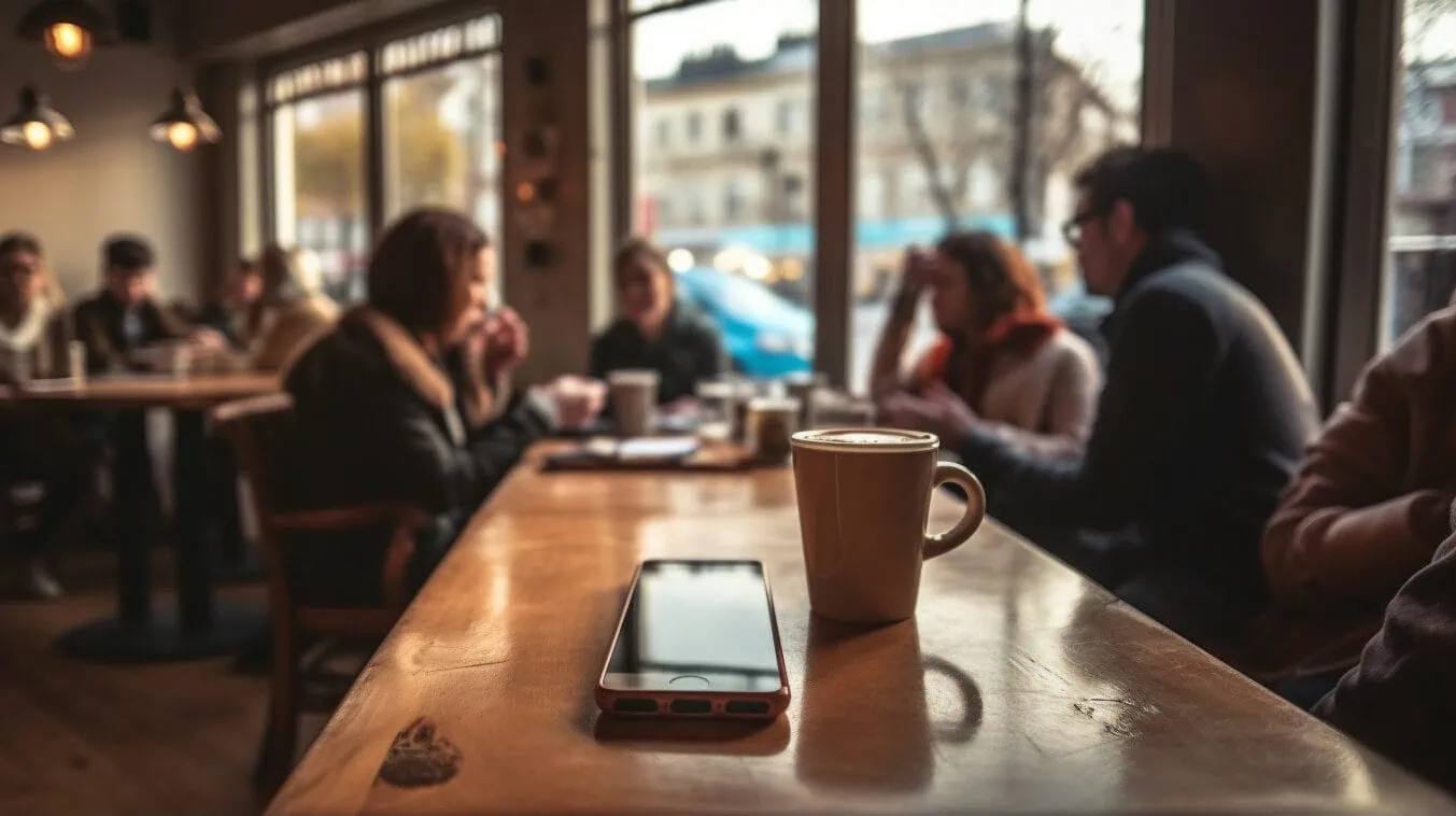 telefoon op tafel in een coffeeshop met mensen op de achtergrond die praten