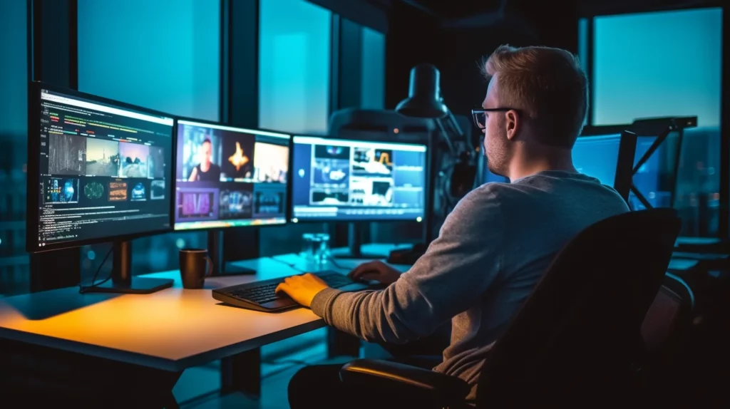 Man zit achter een bureau met daarop 3 monitors