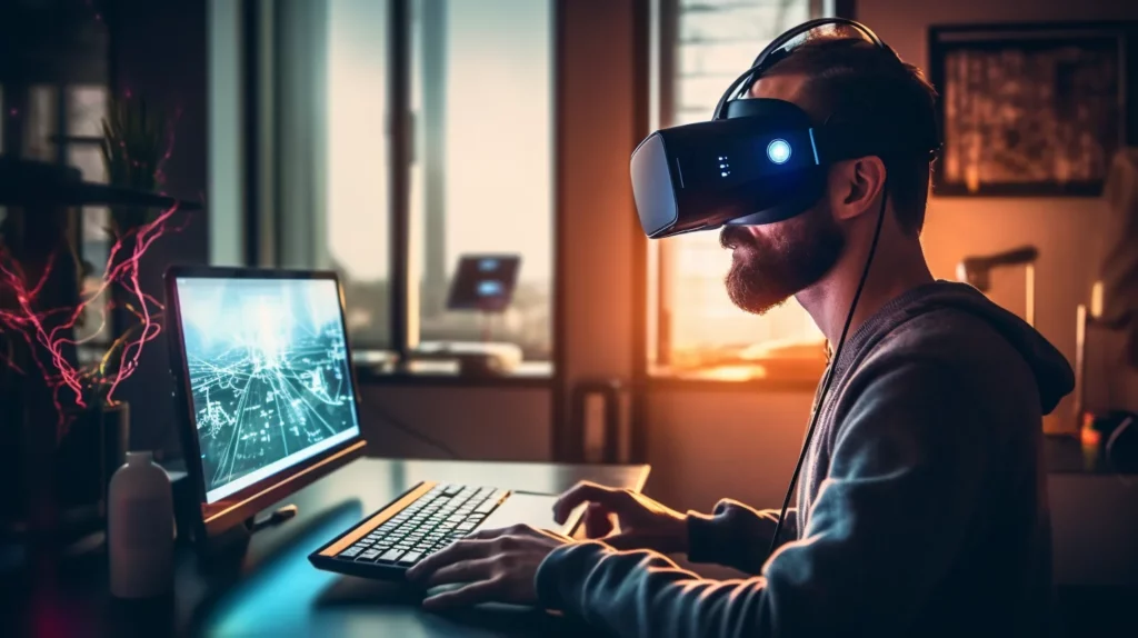 Man zit met een VR-headset achter een bureau met daarop een monitor