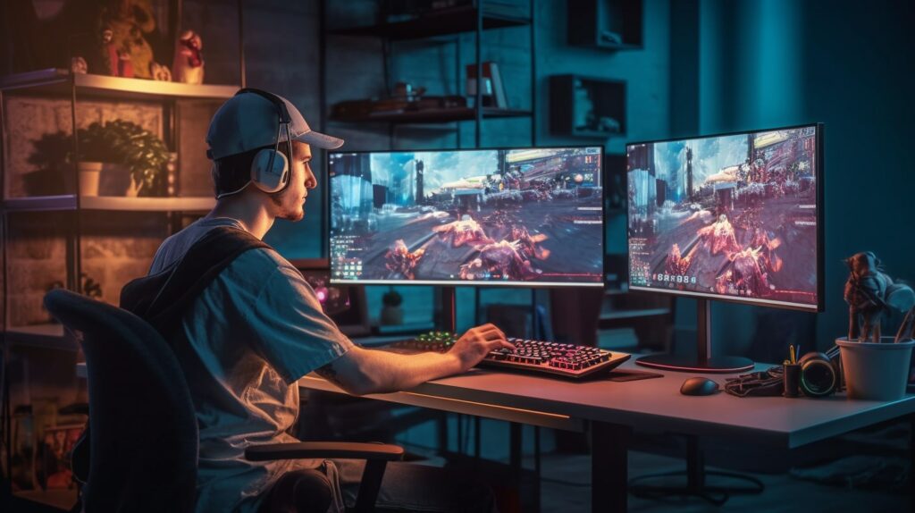Gamer die aan het gamen is op dubbele monitor