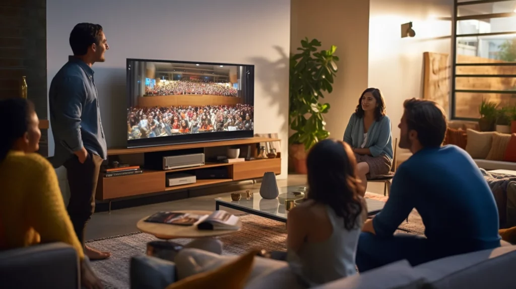 woonkamer waar 5 mensen kijken naar een grote tv waarop een computerscherm wordt gecast