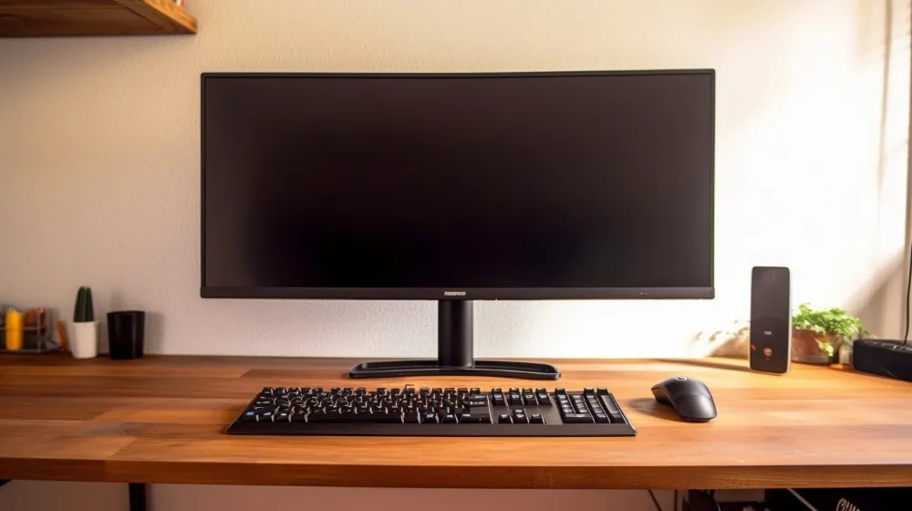 een zwart scherm op een houten bureau